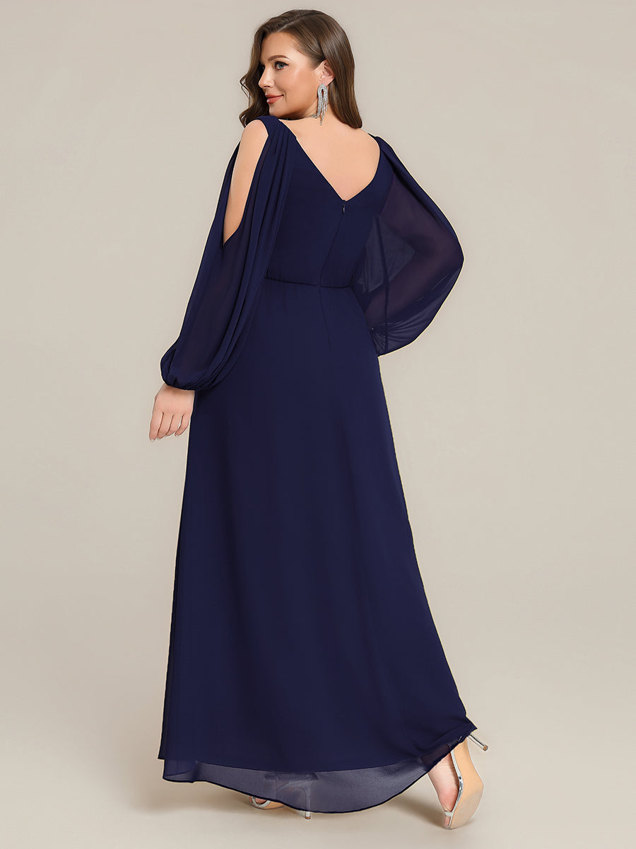Robe maxi à manches longues en V avec des embellissements en strass froncés #Couleur_Bleu Marine