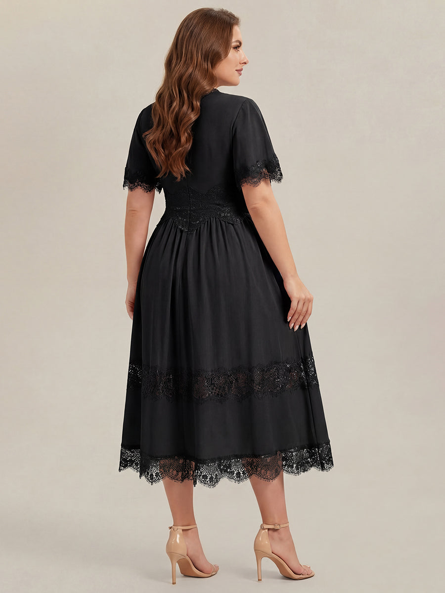 Robe midi A ligne à manches courtes plissée décolletée en V avec manches volantées et détail découpé #Couleur_Noir