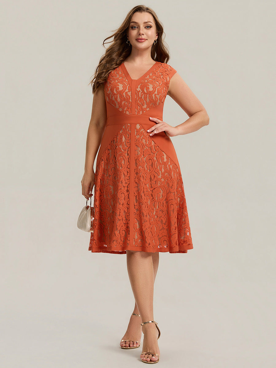 Robe midi évasée à manches courtes en V avec détails en patchwork transparent et haute élasticité #Couleur_Burnt Orange