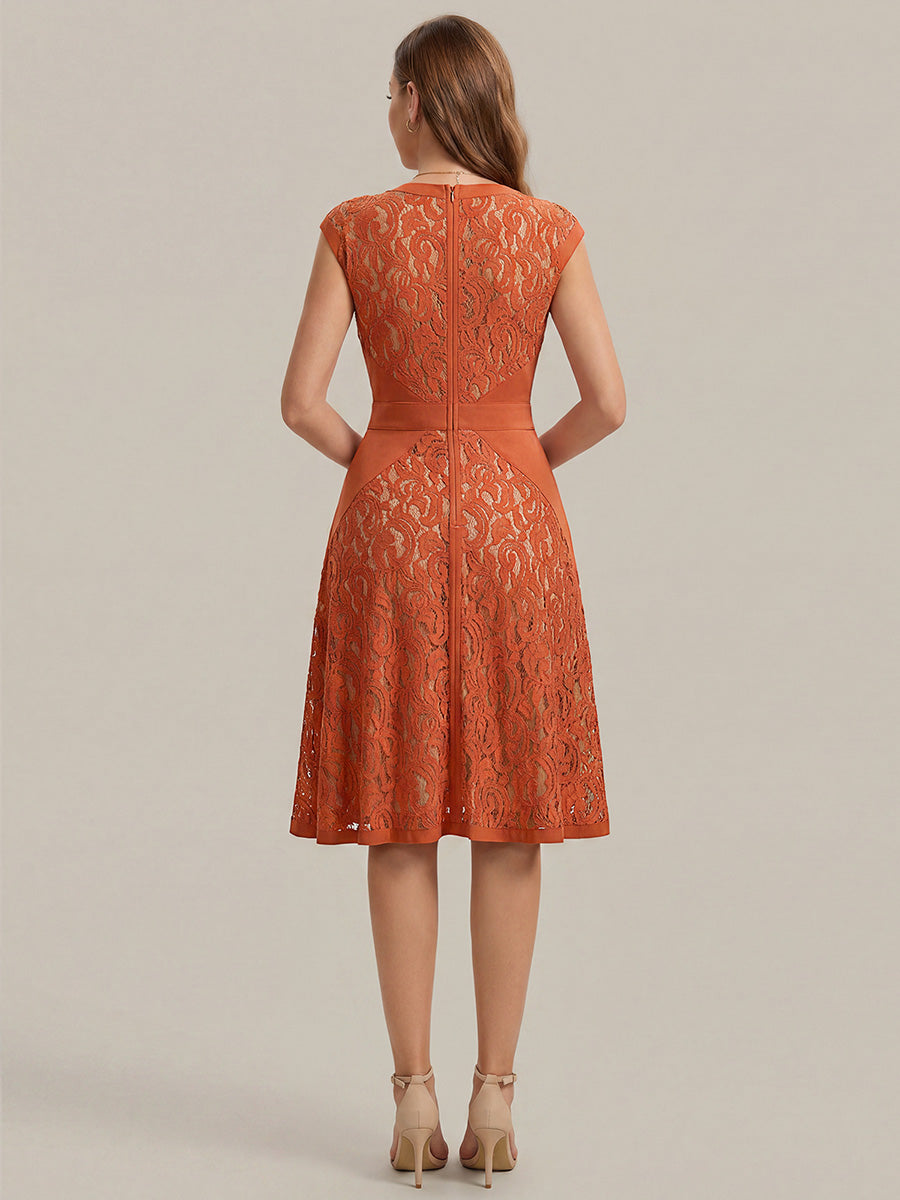 Robe midi évasée à manches courtes en V avec détails en patchwork transparent et haute élasticité #Couleur_Burnt Orange