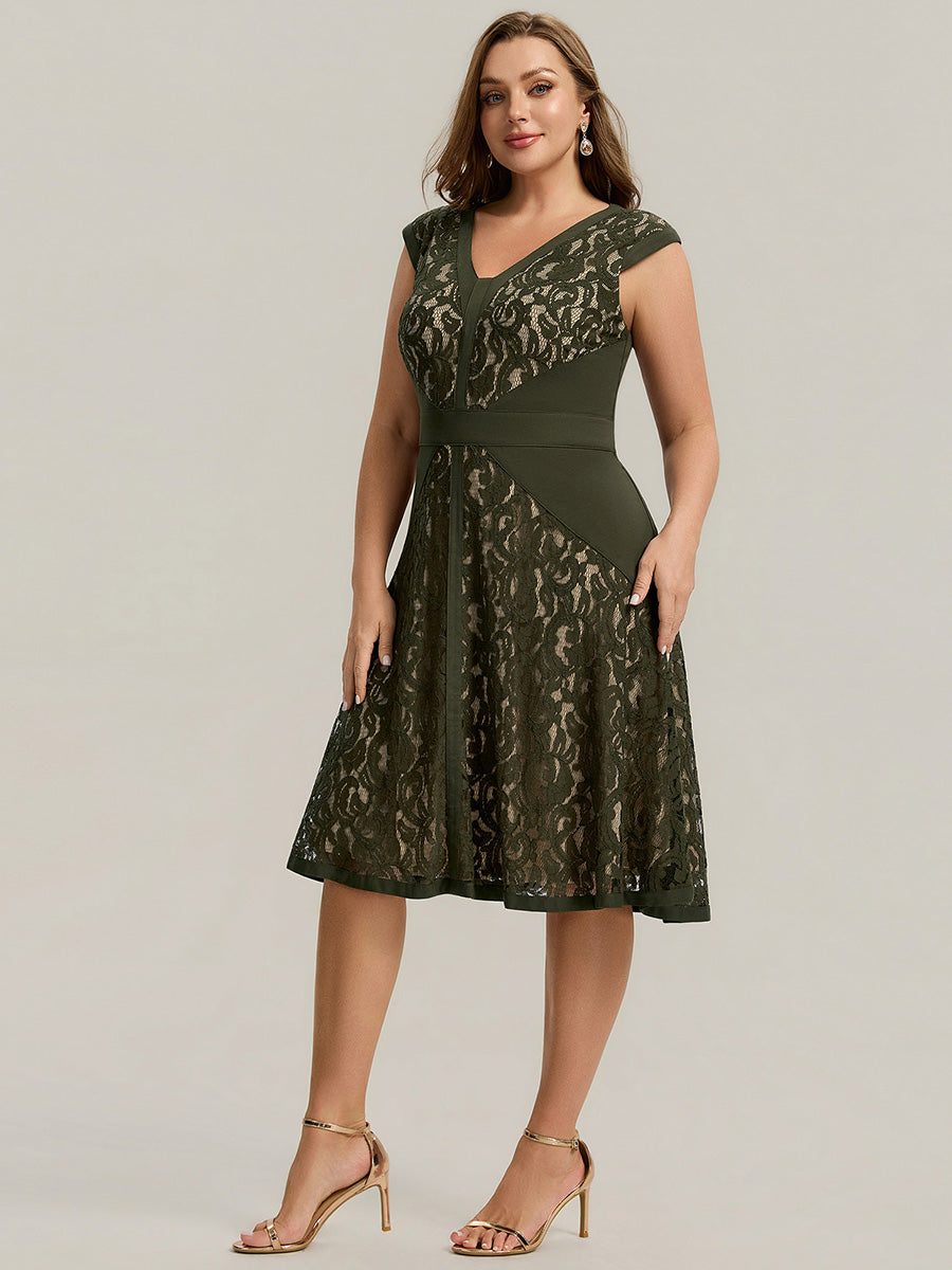 Robe midi évasée à manches courtes en V avec détails en patchwork transparent et haute élasticité #Couleur_Vert Olive