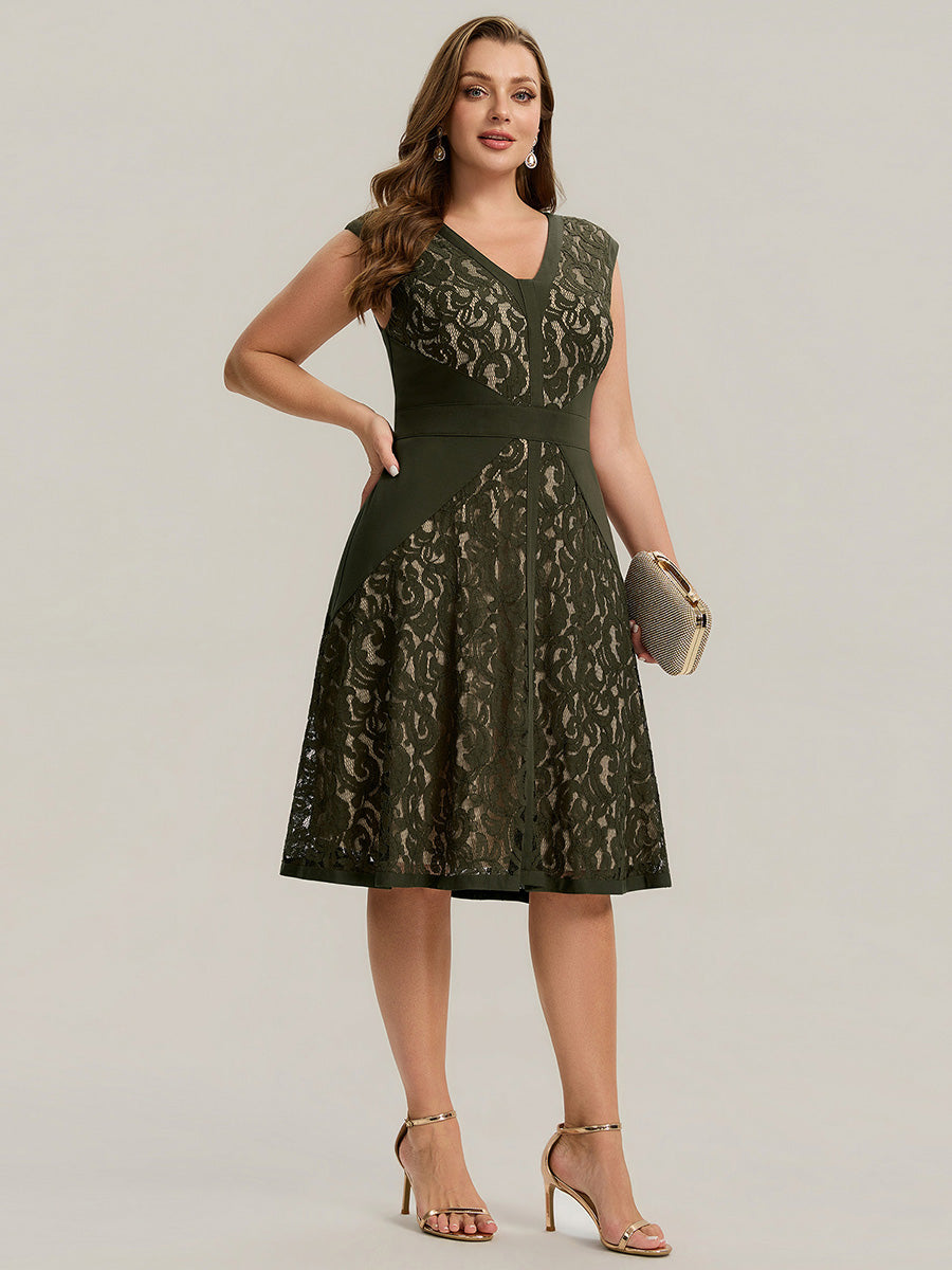 Robe midi évasée à manches courtes en V avec détails en patchwork transparent et haute élasticité #Couleur_Vert Olive