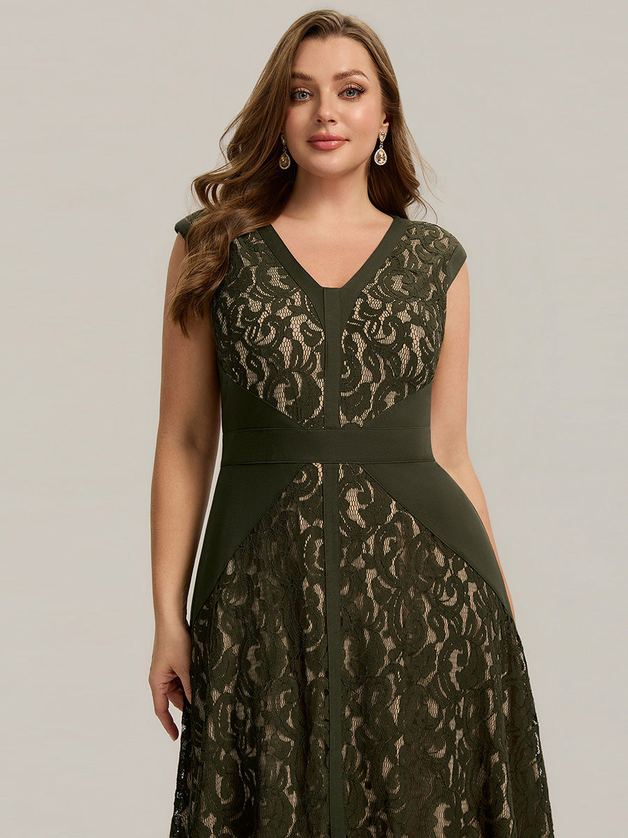 Robe midi évasée à manches courtes en V avec détails en patchwork transparent et haute élasticité #Couleur_Vert Olive