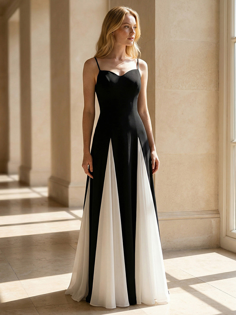 Robe longue sans manches et sans bretelles en A avec bretelles spaghetti ajustables et détails en patchwork #Couleur_Noir