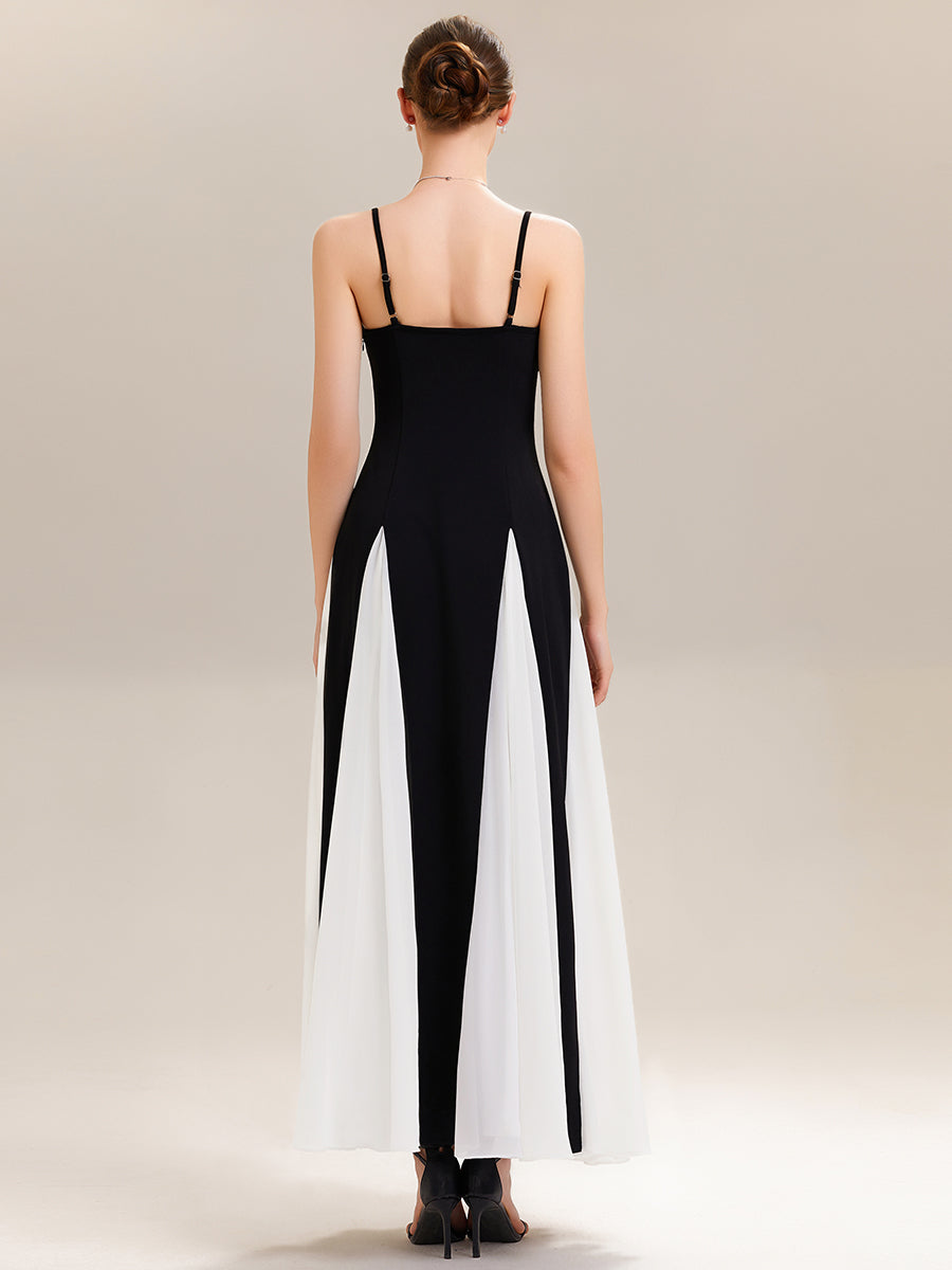 Robe longue sans manches et sans bretelles en A avec bretelles spaghetti ajustables et détails en patchwork #Couleur_Noir