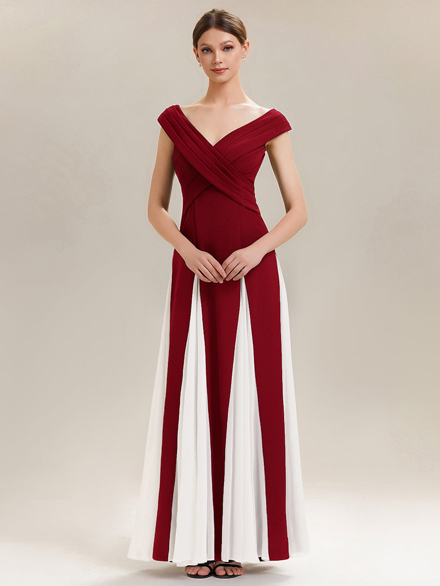 Robe longue à encolure en V à manches courtes avec détails froncés en patchwork #Couleur_Rouge Foncé