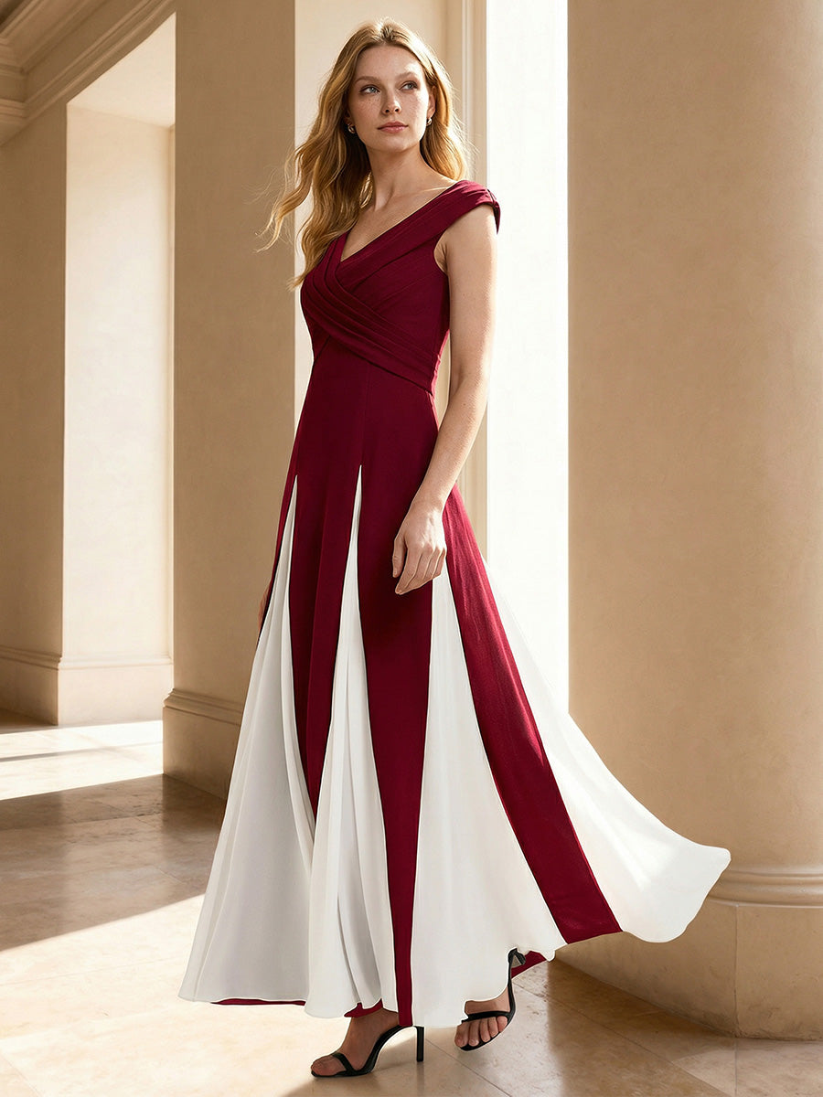 Robe longue à encolure en V à manches courtes avec détails froncés en patchwork #Couleur_Rouge Foncé