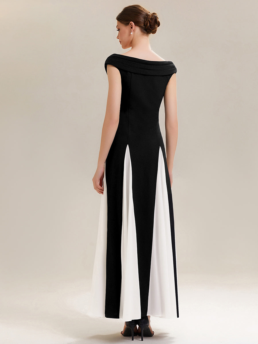 Robe longue à encolure en V à manches courtes avec détails froncés en patchwork #Couleur_Noir d'ivoire