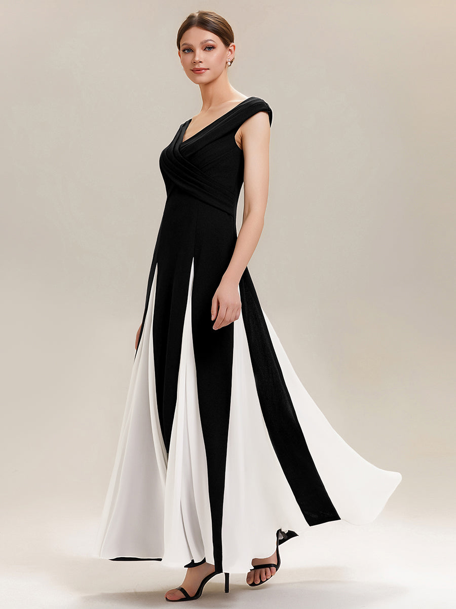 Robe longue à encolure en V à manches courtes avec détails froncés en patchwork #Couleur_Noir d'ivoire