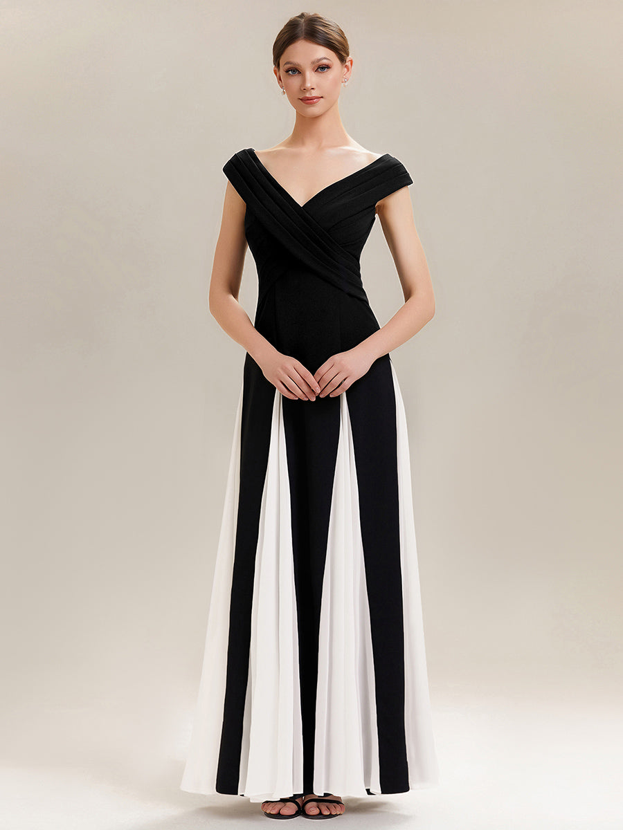 Robe longue à encolure en V à manches courtes avec détails froncés en patchwork #Couleur_Noir d'ivoire