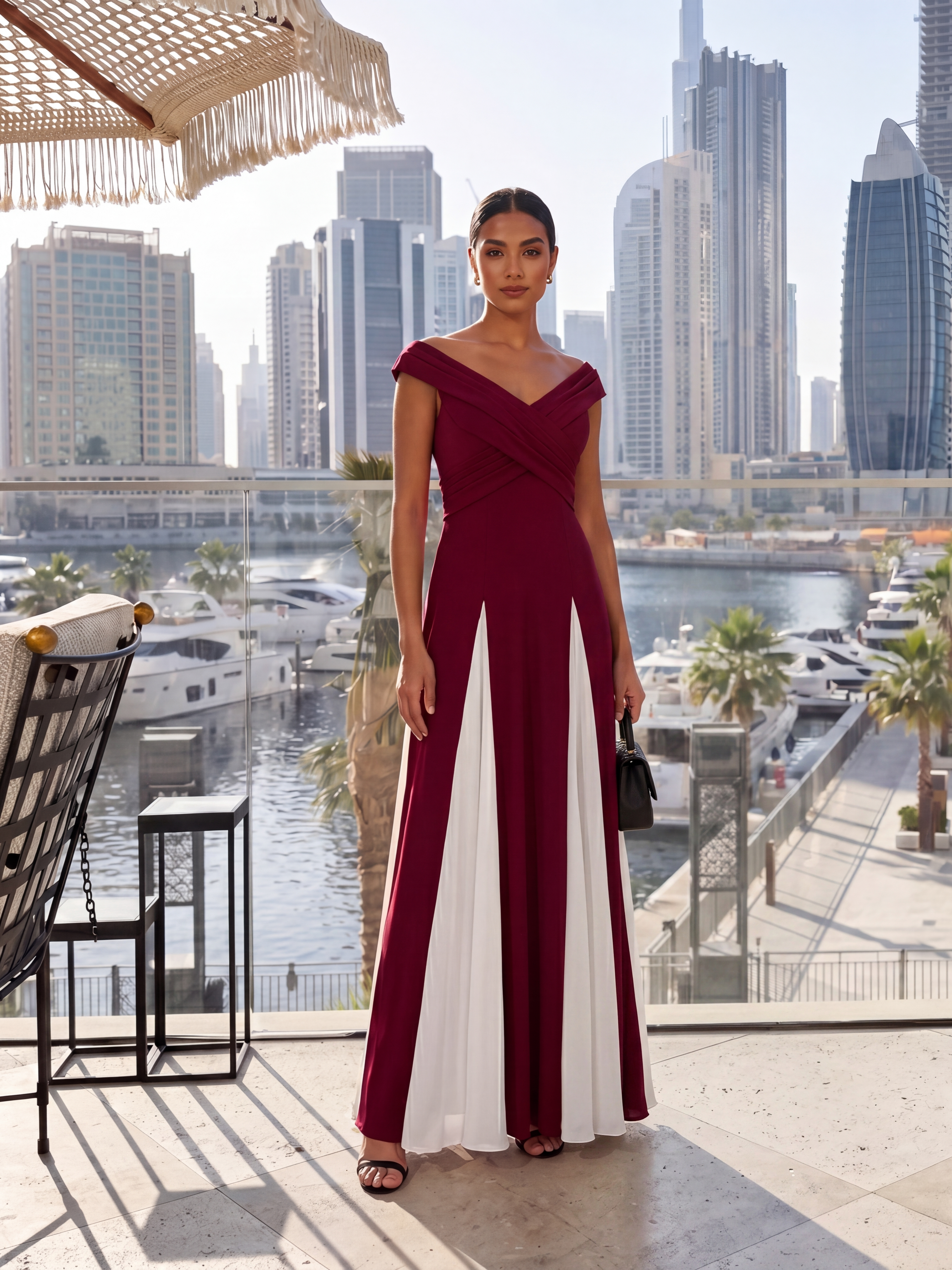 Robe longue à encolure en V à manches courtes avec détails froncés en patchwork #Couleur_Rouge Foncé