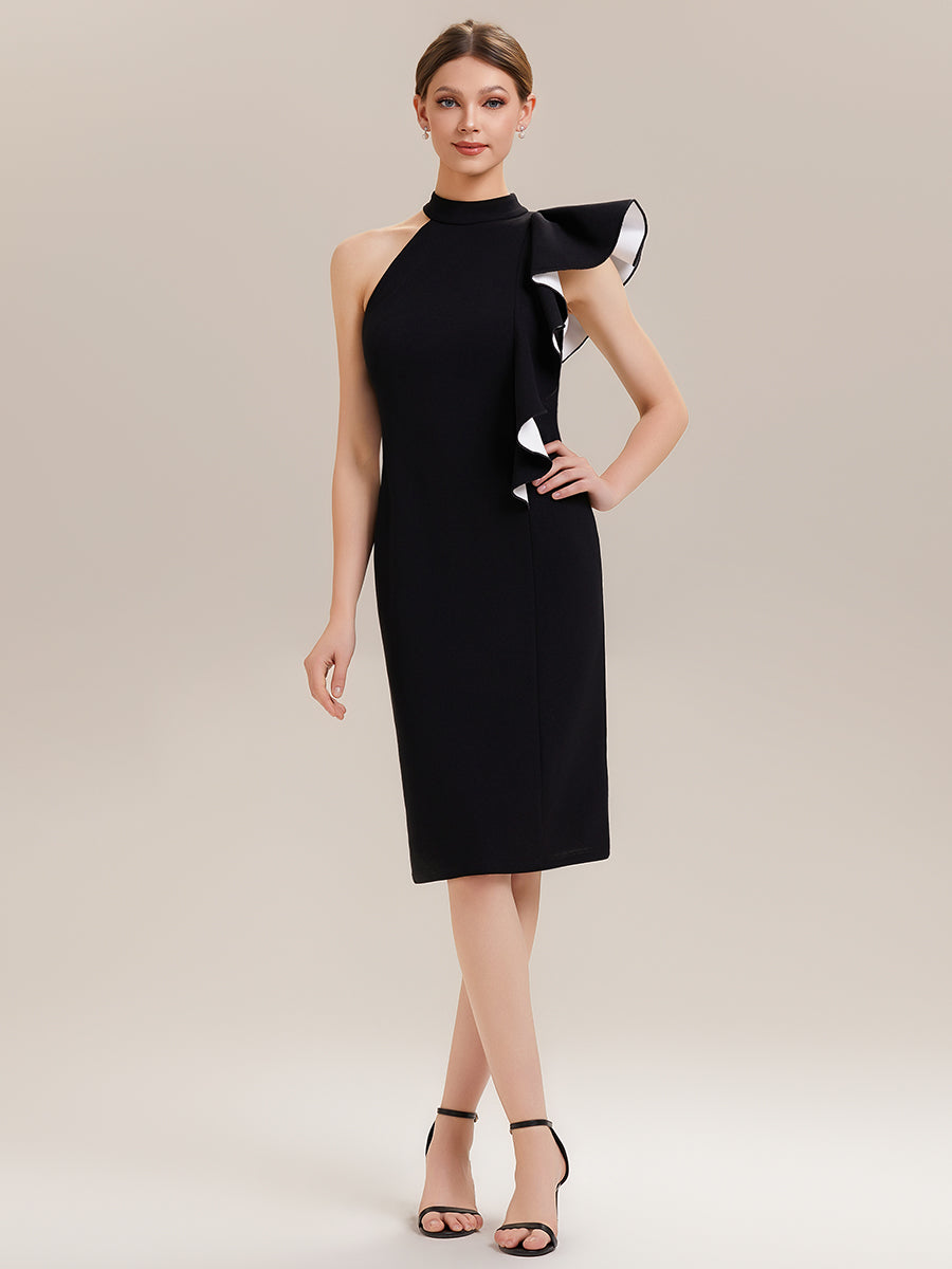 Robe moulante sans bretelles à volants col rond longueur genou en tissu extensible #Couleur_Noir d'ivoire