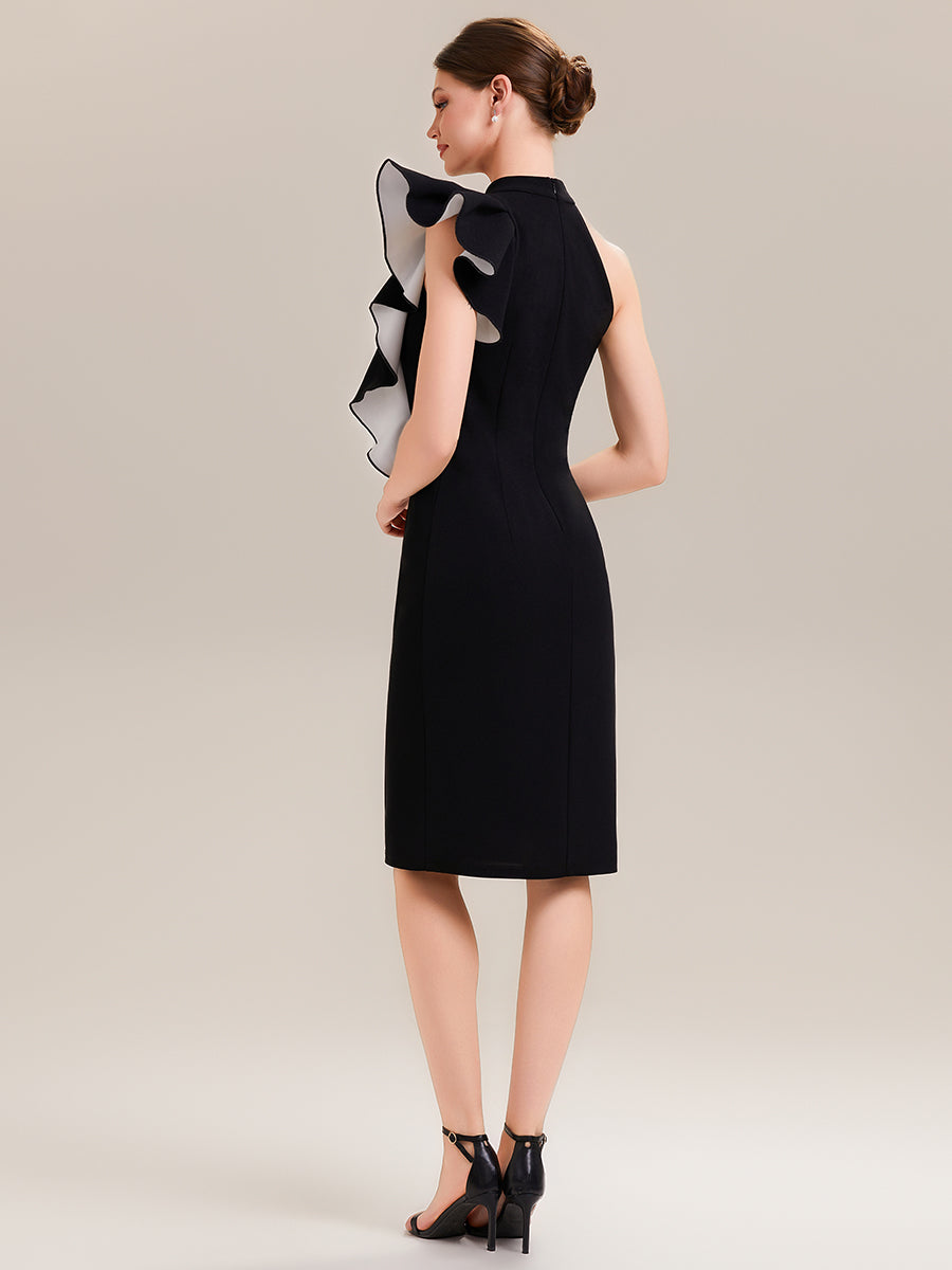 Robe moulante sans bretelles à volants col rond longueur genou en tissu extensible #Couleur_Noir d'ivoire