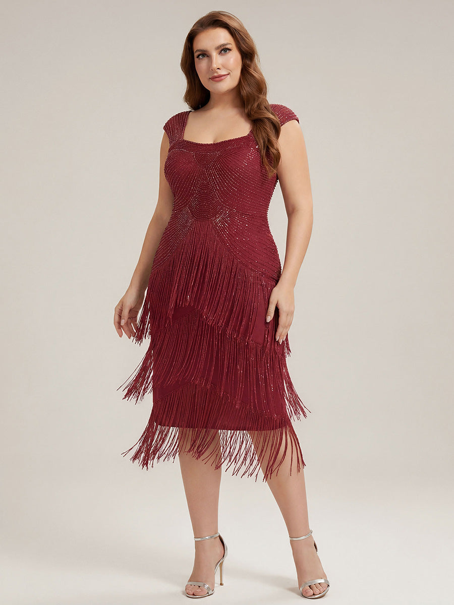 Robe midi sans bretelles en forme de fourreau ornée de perles et de sequins avec décolleté carré #Couleur_Bordeaux
