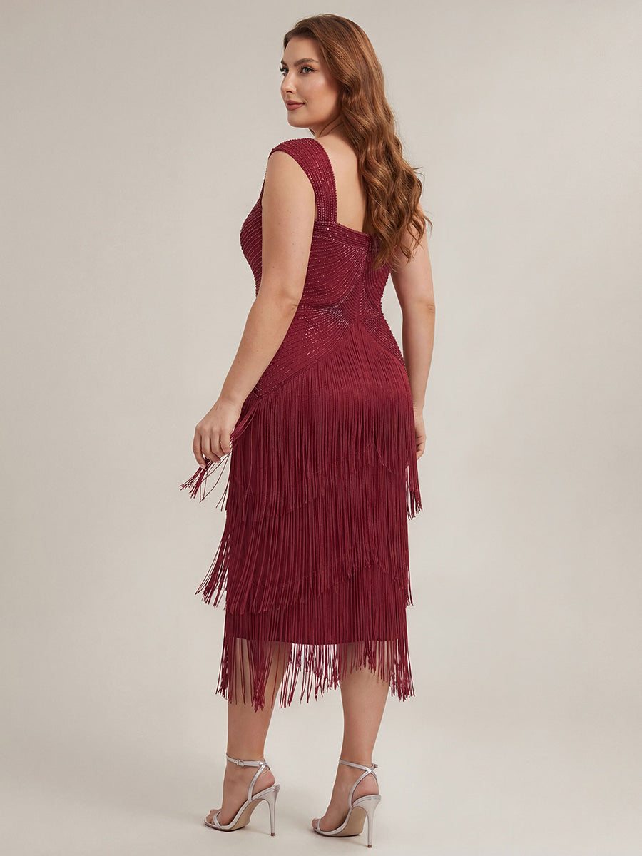 Robe midi sans bretelles en forme de fourreau ornée de perles et de sequins avec décolleté carré #Couleur_Bordeaux