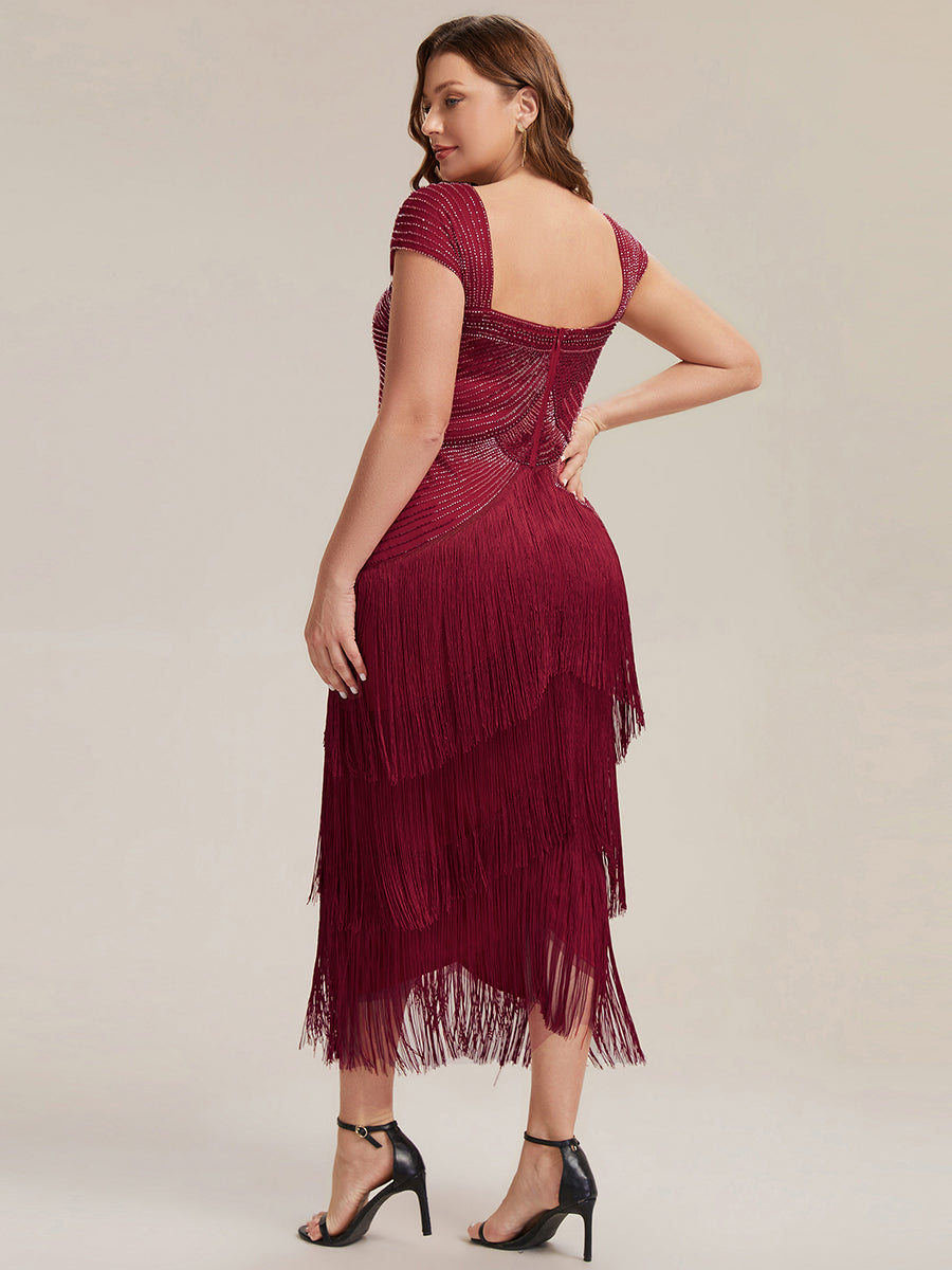 Robe midi sans bretelles en forme de fourreau ornée de perles et de sequins avec décolleté carré #Couleur_Bordeaux