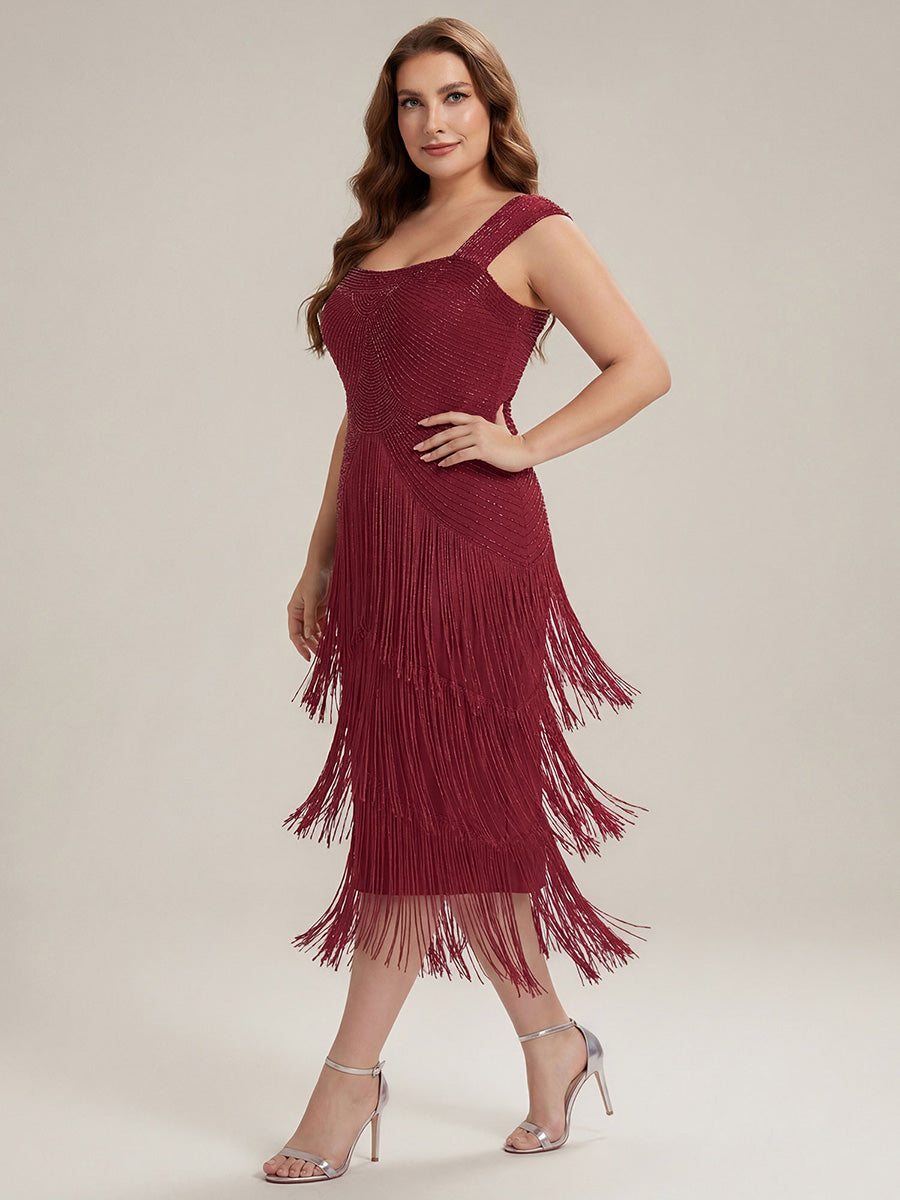 Robe midi sans bretelles en forme de fourreau ornée de perles et de sequins avec décolleté carré #Couleur_Bordeaux