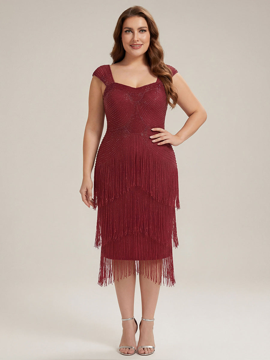 Robe midi sans bretelles en forme de fourreau ornée de perles et de sequins avec décolleté carré #Couleur_Bordeaux