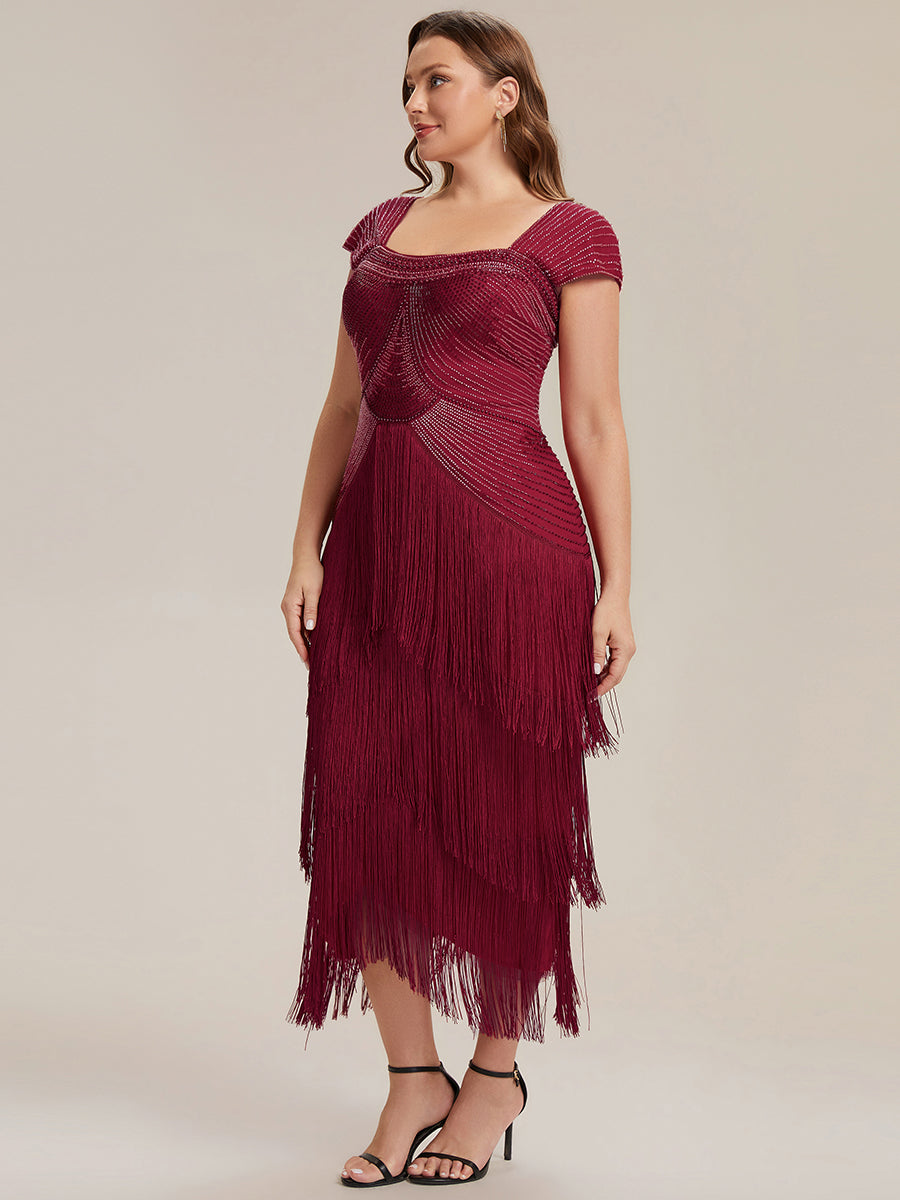 Robe midi sans bretelles en forme de fourreau ornée de perles et de sequins avec décolleté carré #Couleur_Bordeaux