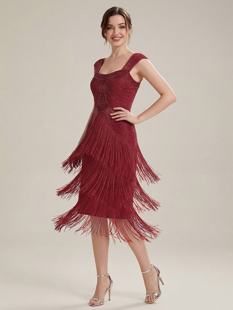 Robe midi sans bretelles en forme de fourreau ornée de perles et de sequins avec décolleté carré #Couleur_Bordeaux