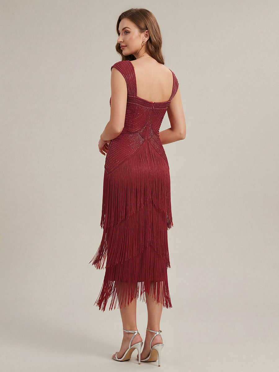 Robe midi sans bretelles en forme de fourreau ornée de perles et de sequins avec décolleté carré #Couleur_Bordeaux