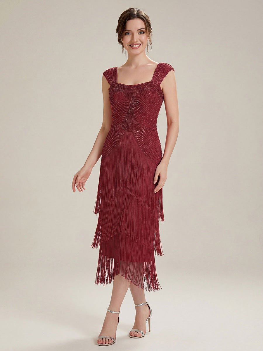 Robe midi sans bretelles en forme de fourreau ornée de perles et de sequins avec décolleté carré #Couleur_Bordeaux