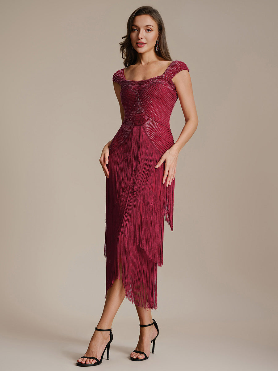 Robe midi sans bretelles en forme de fourreau ornée de perles et de sequins avec décolleté carré #Couleur_Bordeaux