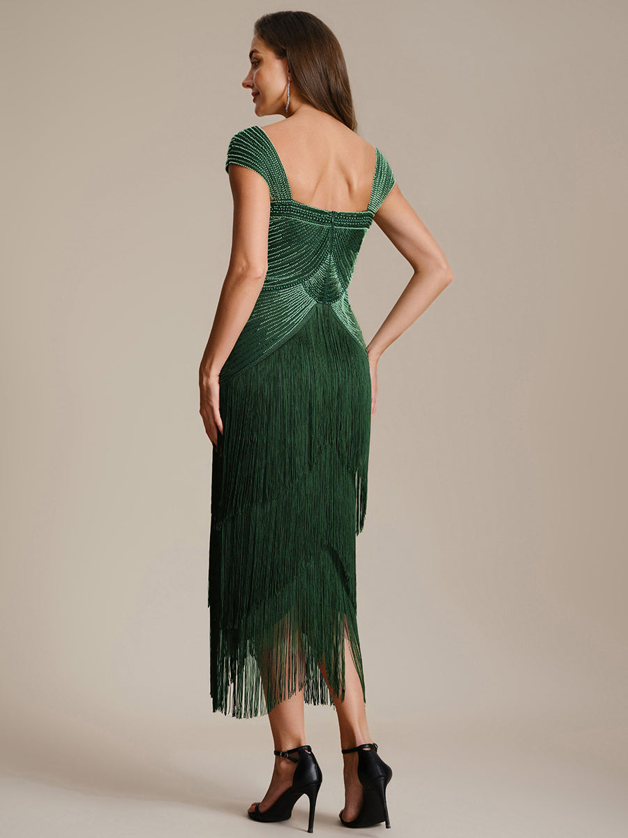 Robe midi sans bretelles en forme de fourreau ornée de perles et de sequins avec décolleté carré #Couleur_Vert Fonce