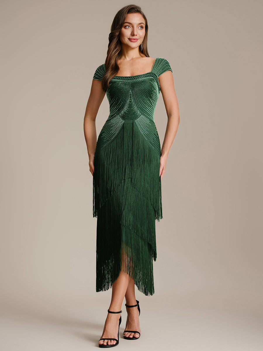 Robe midi sans bretelles en forme de fourreau ornée de perles et de sequins avec décolleté carré #Couleur_Vert Fonce