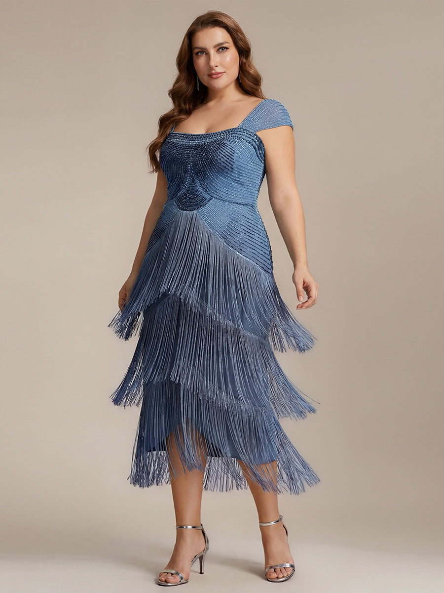 Robe midi sans bretelles en forme de fourreau ornée de perles et de sequins avec décolleté carré #Couleur_Marine Fume