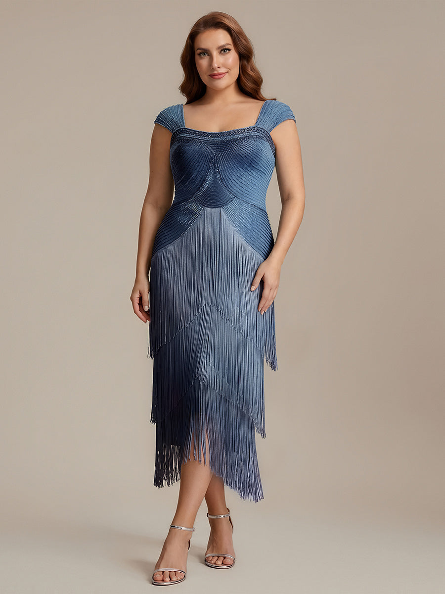 Robe midi sans bretelles en forme de fourreau ornée de perles et de sequins avec décolleté carré #Couleur_Marine Fume