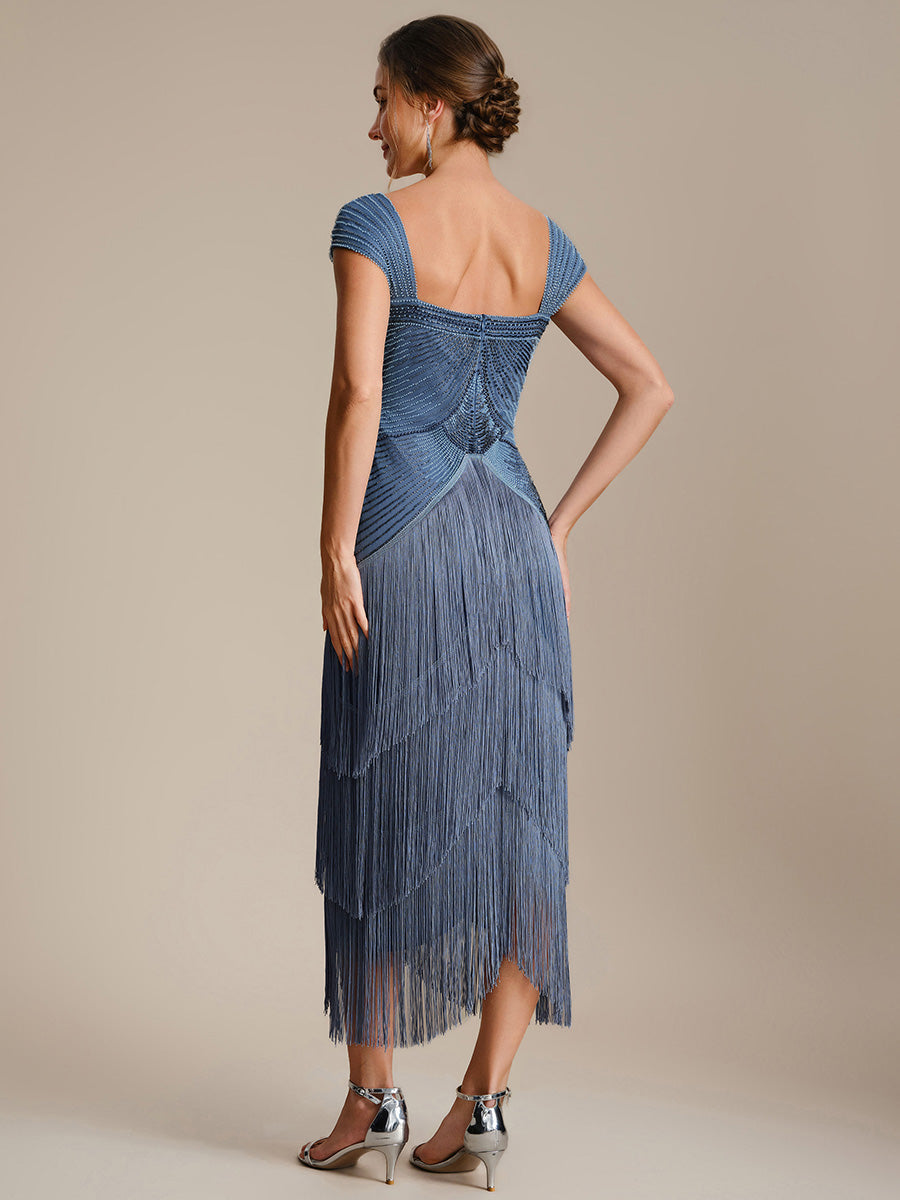 Robe midi sans bretelles en forme de fourreau ornée de perles et de sequins avec décolleté carré #Couleur_Marine Fume