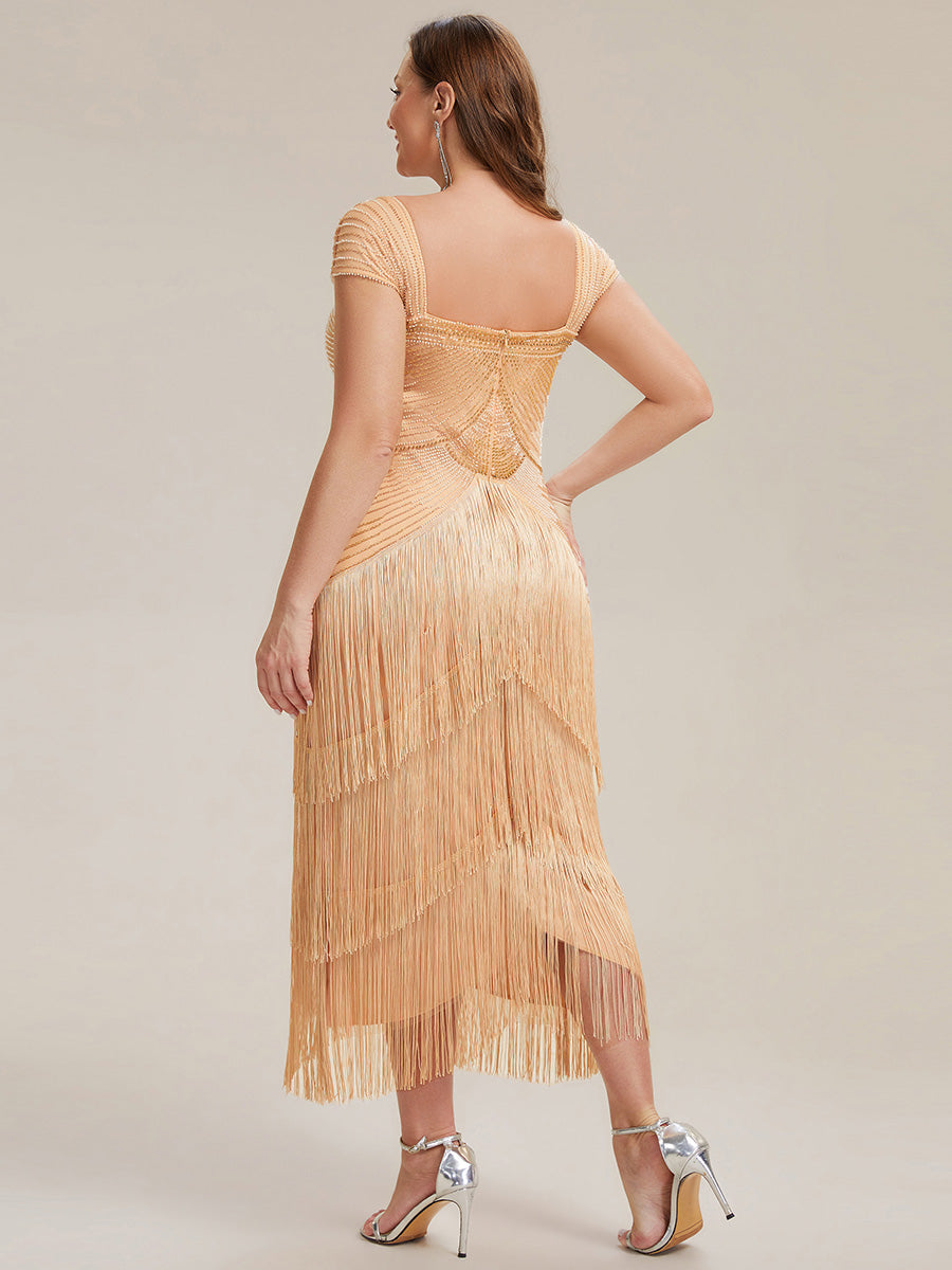 Robe midi sans bretelles en forme de fourreau ornée de perles et de sequins avec décolleté carré #Couleur_Dorée