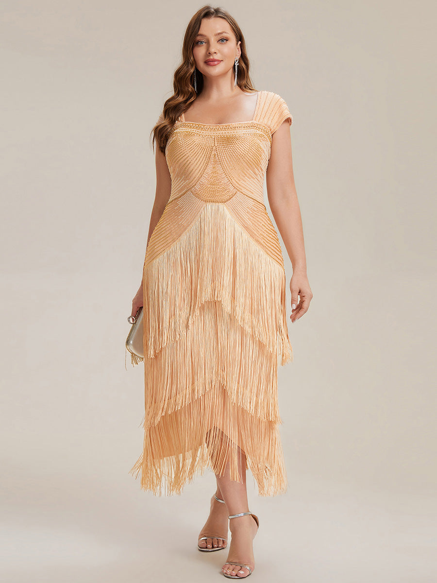 Robe midi sans bretelles en forme de fourreau ornée de perles et de sequins avec décolleté carré #Couleur_Dorée