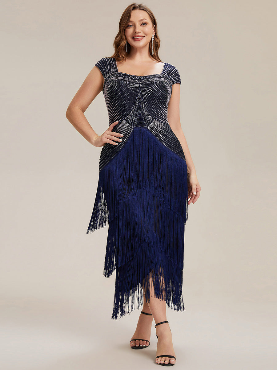 Robe midi sans bretelles en forme de fourreau ornée de perles et de sequins avec décolleté carré #Couleur_Bleu Marine