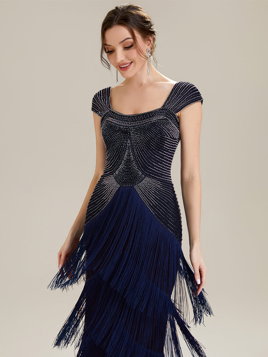 Robe midi sans bretelles en forme de fourreau ornée de perles et de sequins avec décolleté carré #Couleur_Bleu Marine