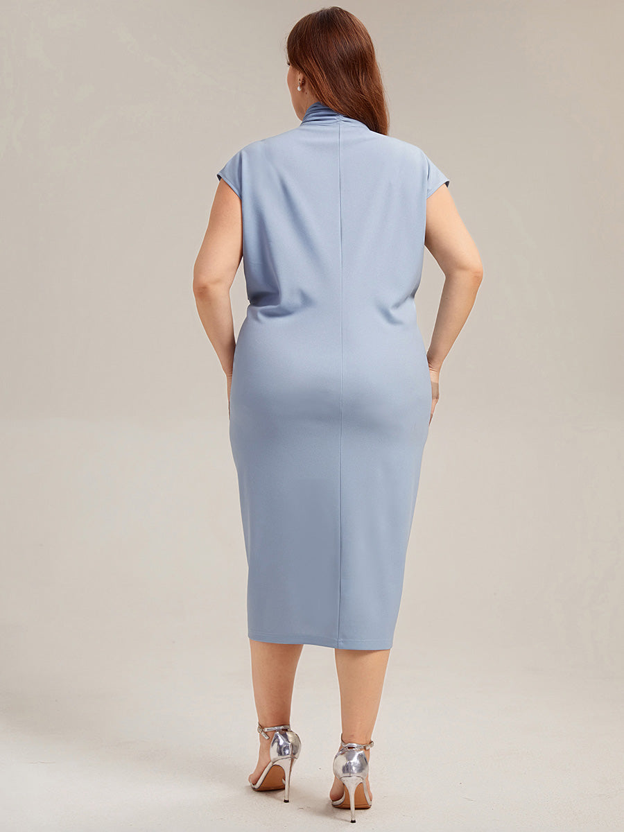 Robe moulante à manches courtes en haute élasticité avec décolleté en V profond et détail froncé #Couleur_Bleu Glace