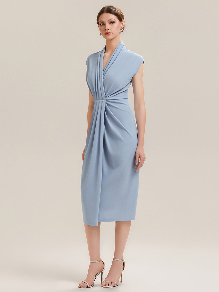 Robe moulante à manches courtes en haute élasticité avec décolleté en V profond et détail froncé #Couleur_Bleu Glace