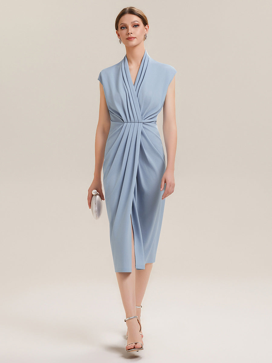 Robe moulante à manches courtes en haute élasticité avec décolleté en V profond et détail froncé #Couleur_Bleu Glace