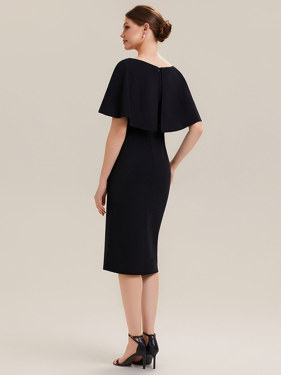 Robe moulante à manches mi-longues en stretch avec châle et col rond longueur genou #Couleur_Noir