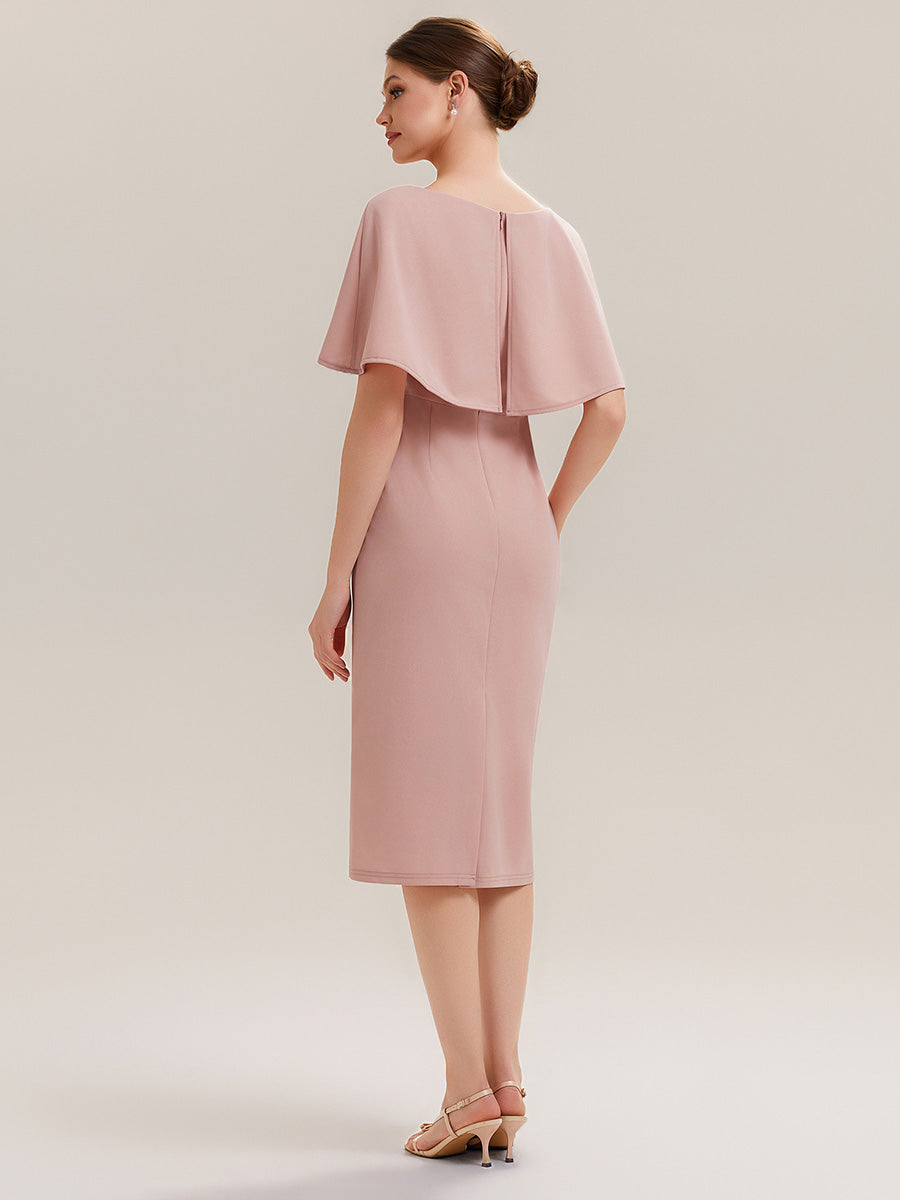 Robe moulante à manches mi-longues en stretch avec châle et col rond longueur genou #Couleur_Rose fumee