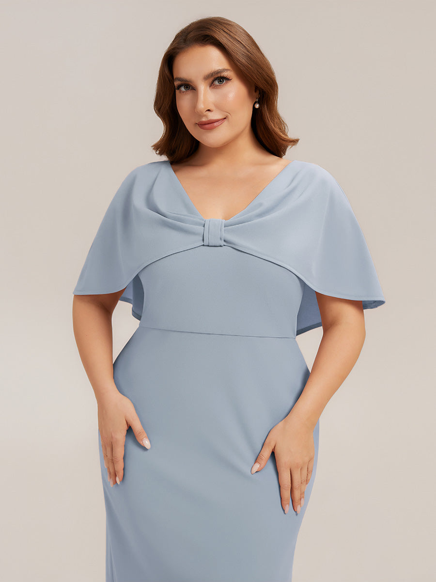 Robe moulante à manches mi-longues en stretch avec châle et col rond longueur genou #Couleur_Bleu Glace