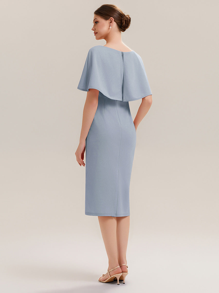 Robe moulante à manches mi-longues en stretch avec châle et col rond longueur genou #Couleur_Bleu Glace