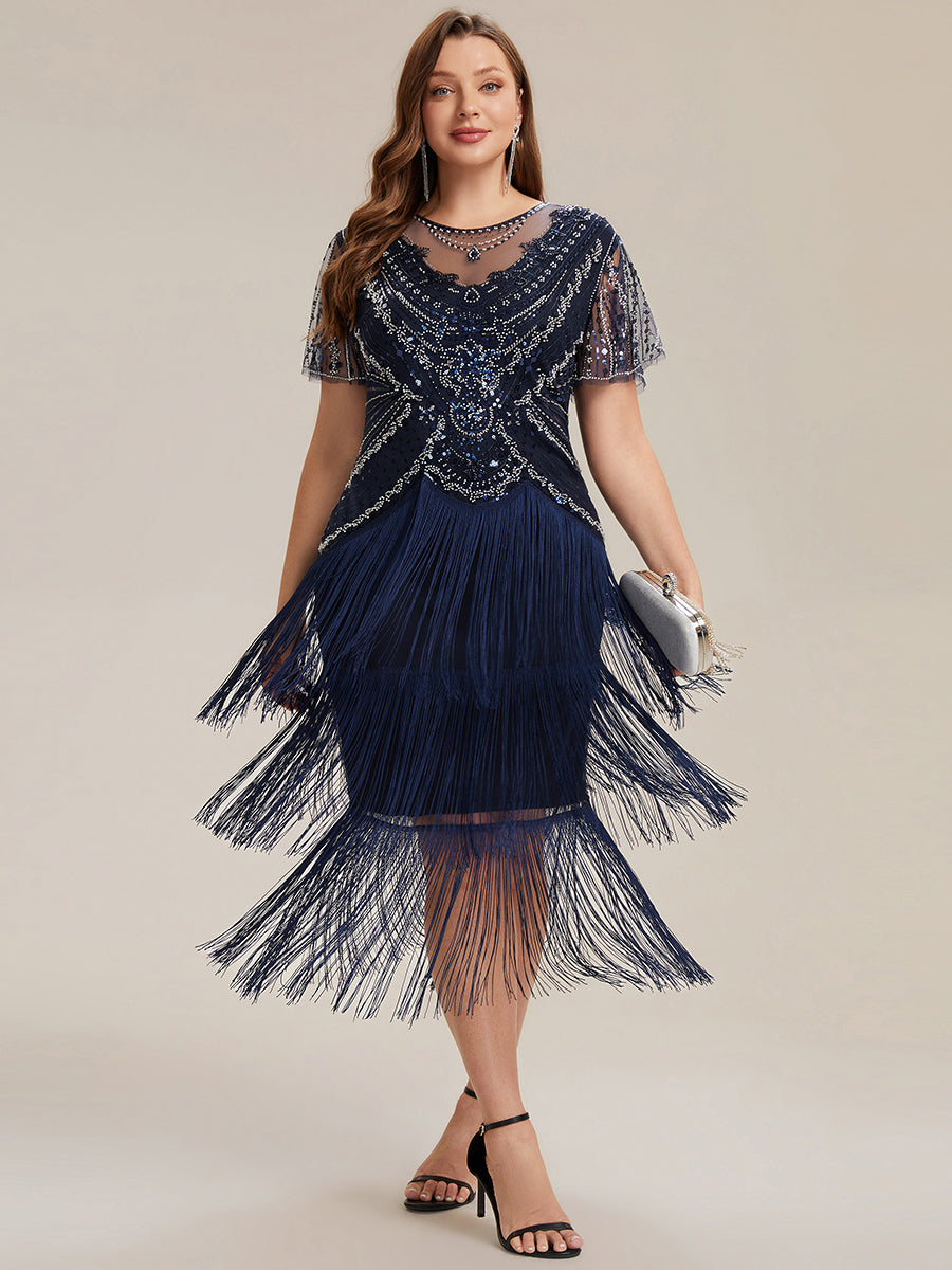 robe midi à manches courtes avec volants et col rond ornée de patchwork en perles #Couleur_Bleu Marine