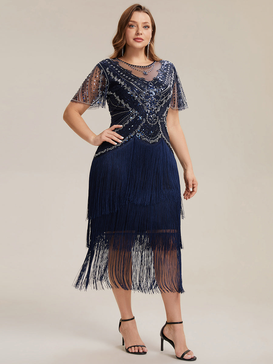 robe midi à manches courtes avec volants et col rond ornée de patchwork en perles #Couleur_Bleu Marine