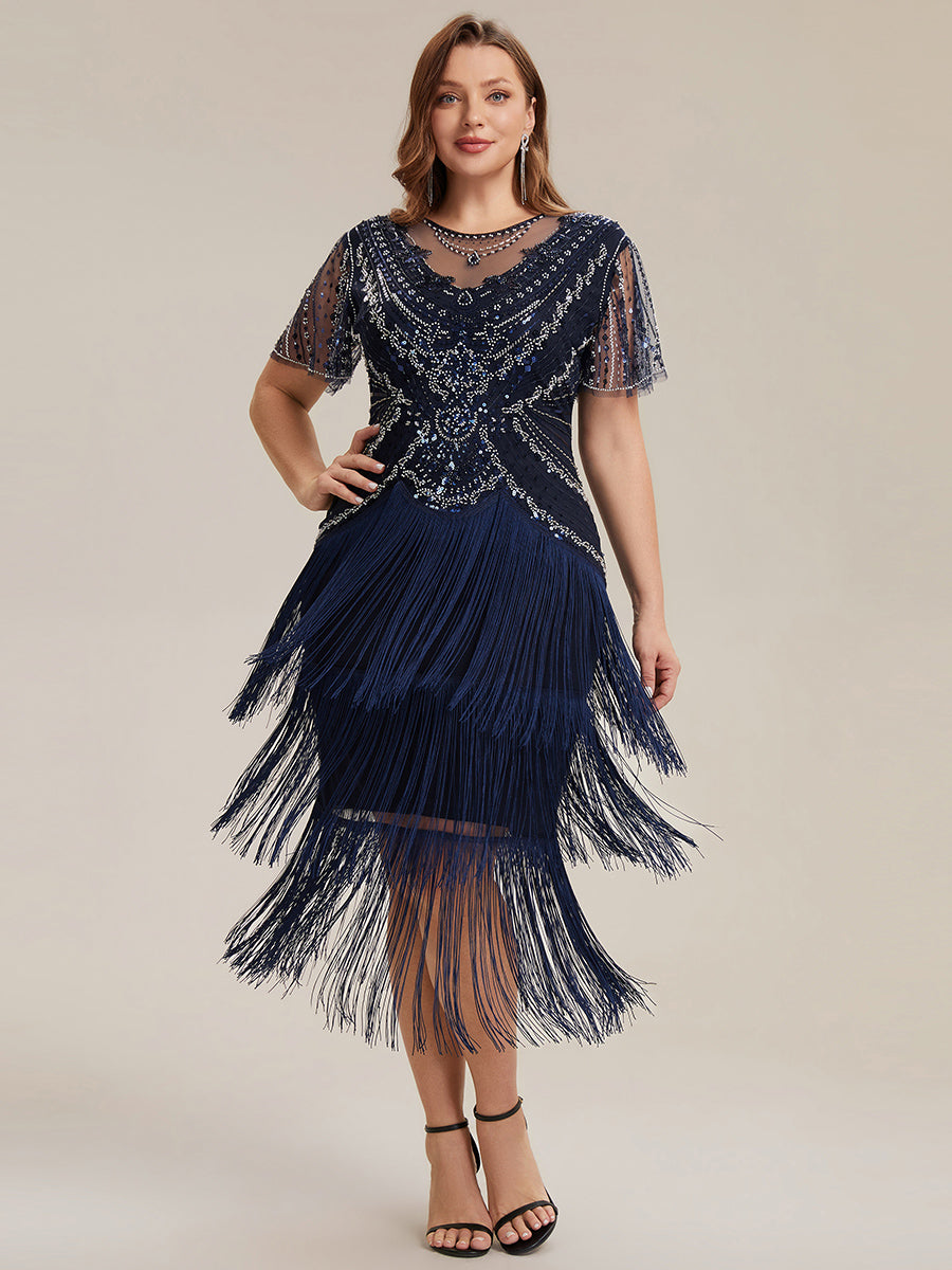 robe midi à manches courtes avec volants et col rond ornée de patchwork en perles #Couleur_Bleu Marine
