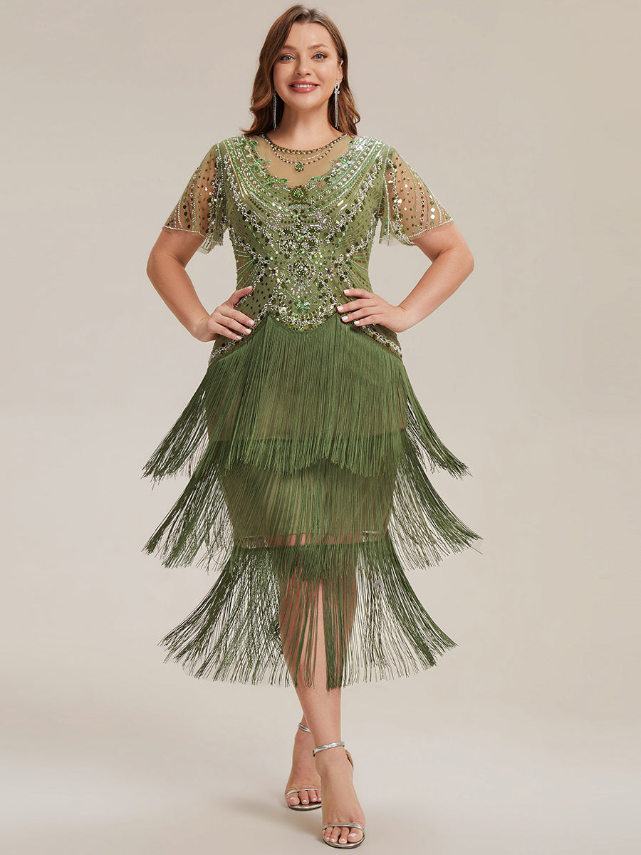 robe midi à manches courtes avec volants et col rond ornée de patchwork en perles #Couleur_Vert Olive