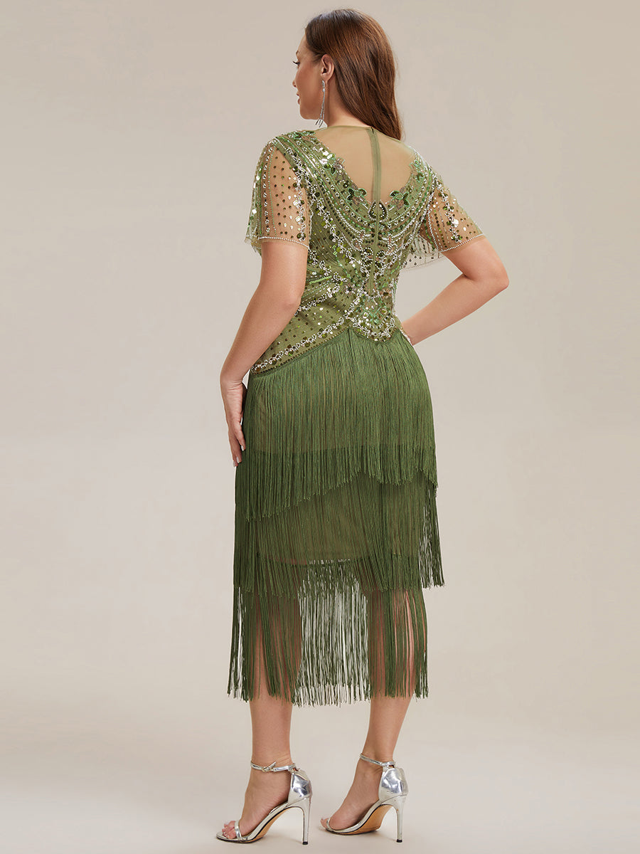 robe midi à manches courtes avec volants et col rond ornée de patchwork en perles #Couleur_Vert Olive