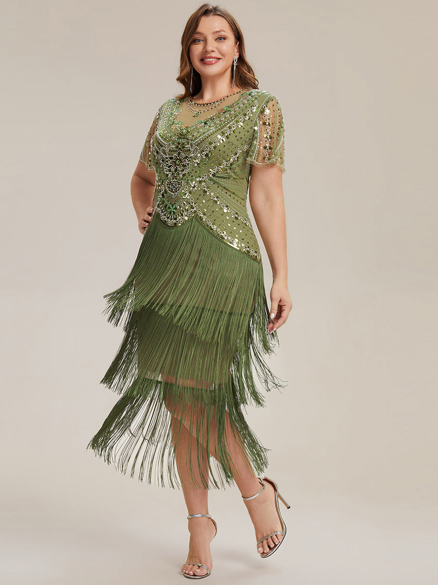 robe midi à manches courtes avec volants et col rond ornée de patchwork en perles #Couleur_Vert Olive