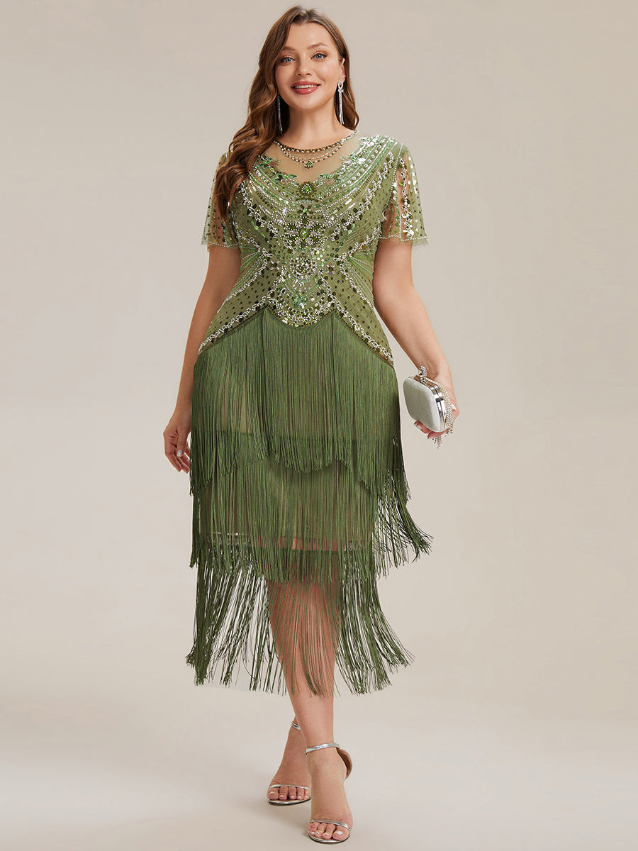 robe midi à manches courtes avec volants et col rond ornée de patchwork en perles #Couleur_Vert Olive